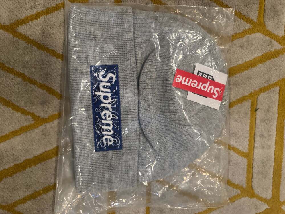 Supreme x New Era FW19 Bandana Box Logo Beanie Heather Grey/Blue